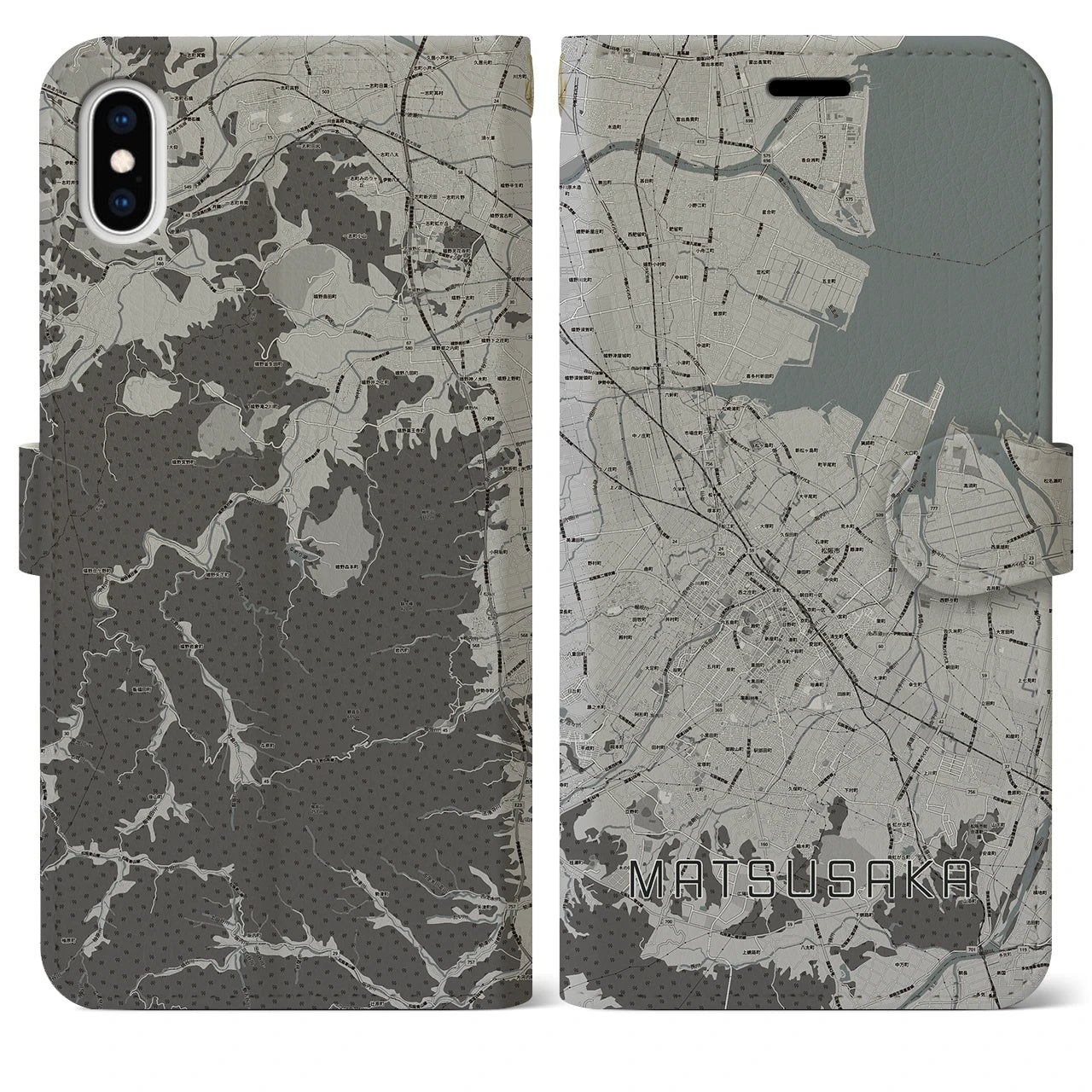 【松阪(三重県)】地図柄iPhoneケース(手帳タイプ)モノトーン・iPhone XS Max 用