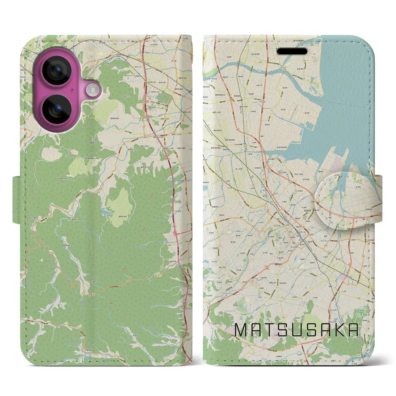 【松阪(三重県)】地図柄iPhoneケース(手帳タイプ)ナチュラル・iPhone 16 Pro 用