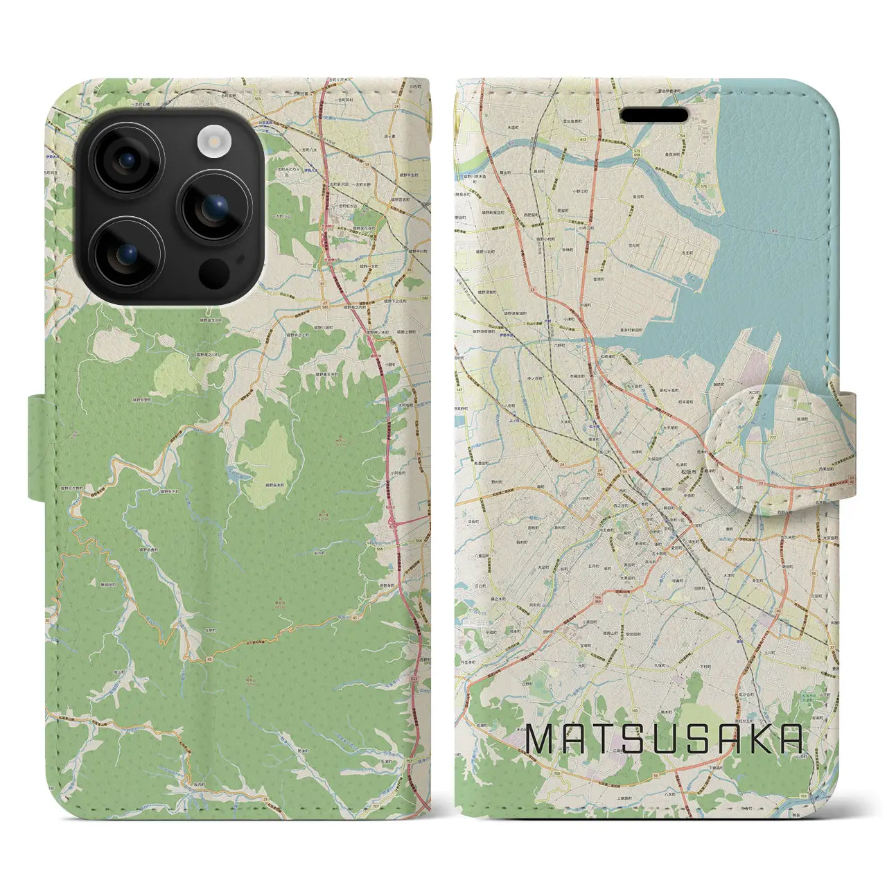 【松阪(三重県)】地図柄iPhoneケース(手帳タイプ)ナチュラル・iPhone 16 用