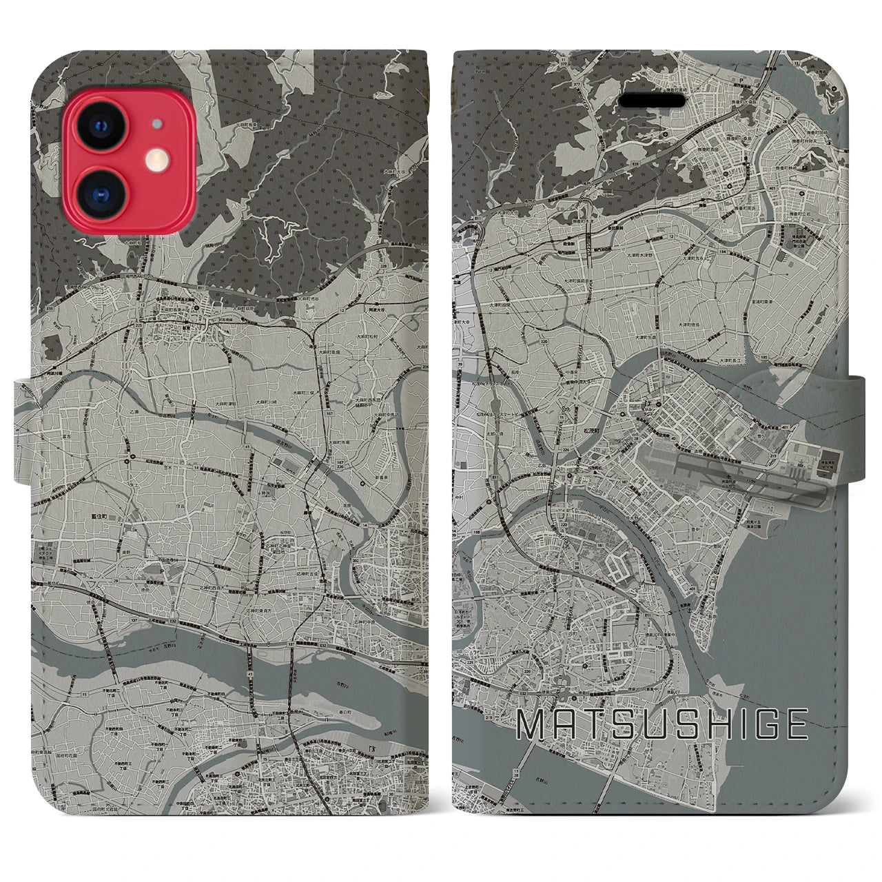 【松茂(徳島県)】地図柄iPhoneケース(手帳タイプ)モノトーン・iPhone 11 用