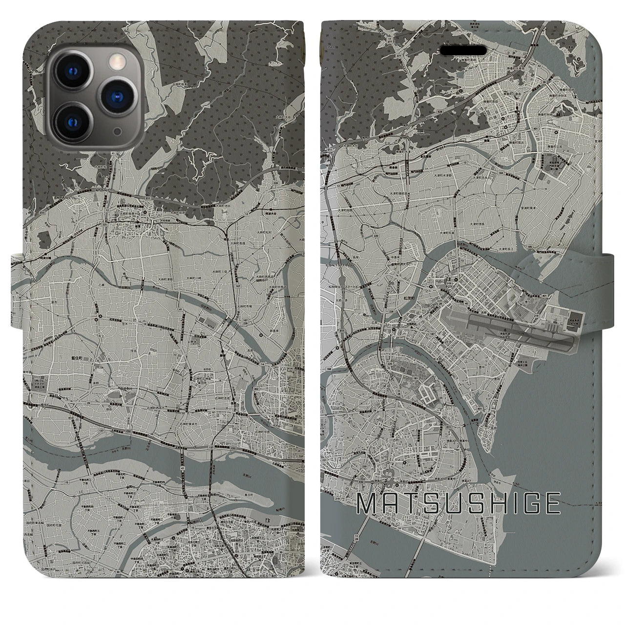 【松茂(徳島県)】地図柄iPhoneケース(手帳タイプ)モノトーン・iPhone 11 Pro Max 用