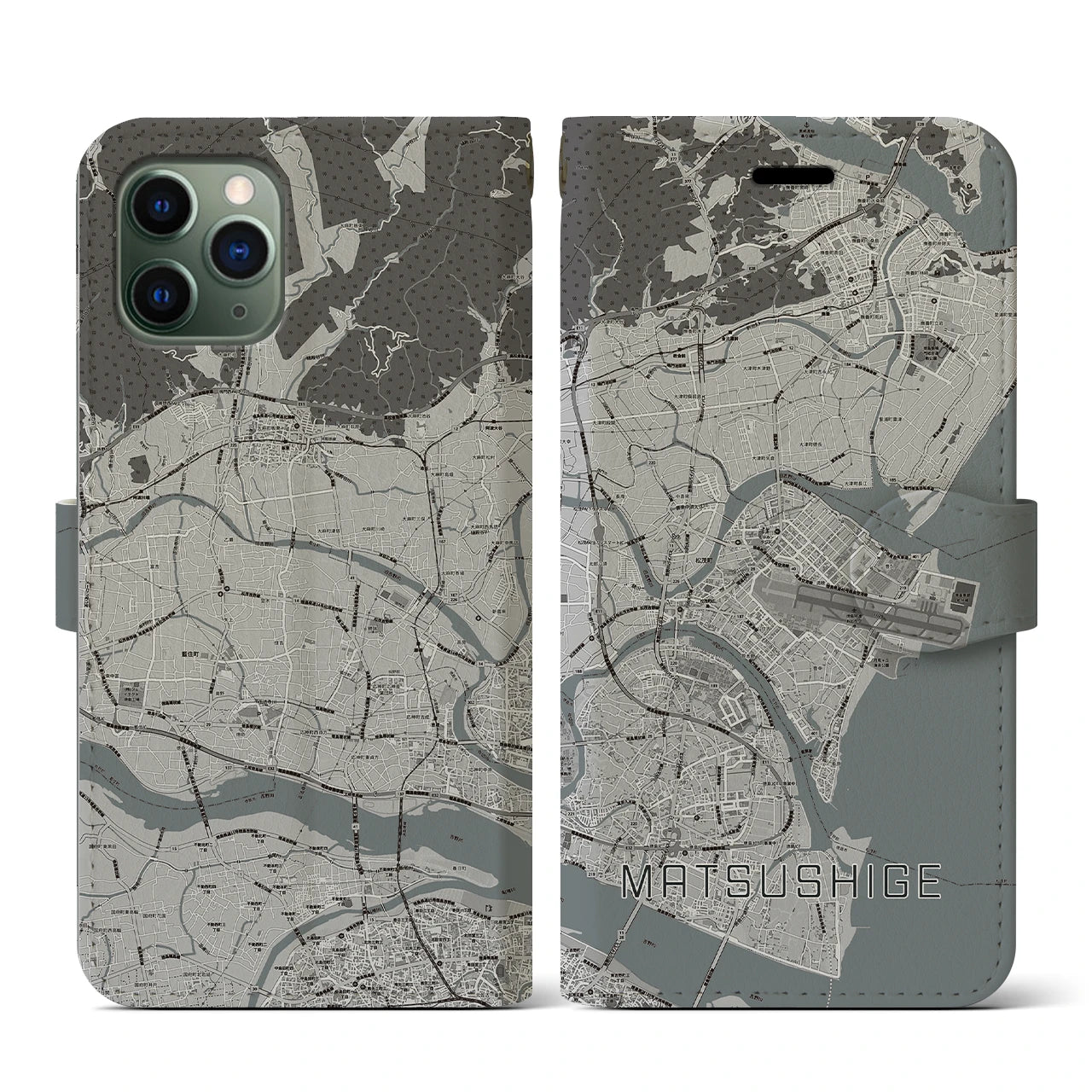 【松茂(徳島県)】地図柄iPhoneケース(手帳タイプ)モノトーン・iPhone 11 Pro 用