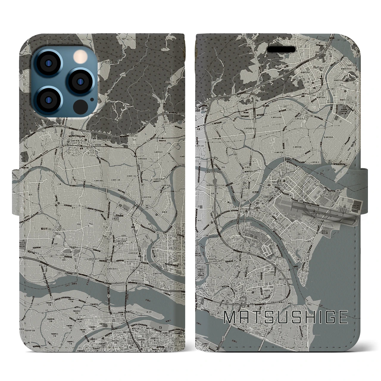 【松茂(徳島県)】地図柄iPhoneケース(手帳タイプ)モノトーン・iPhone 12 / 12 Pro 用