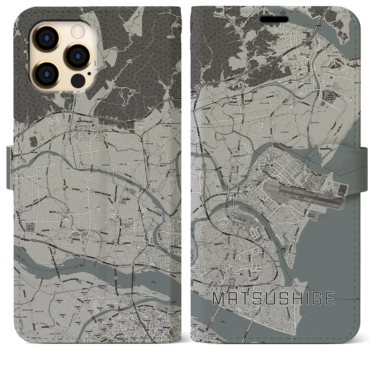 【松茂(徳島県)】地図柄iPhoneケース(手帳タイプ)モノトーン・iPhone 12 Pro Max 用