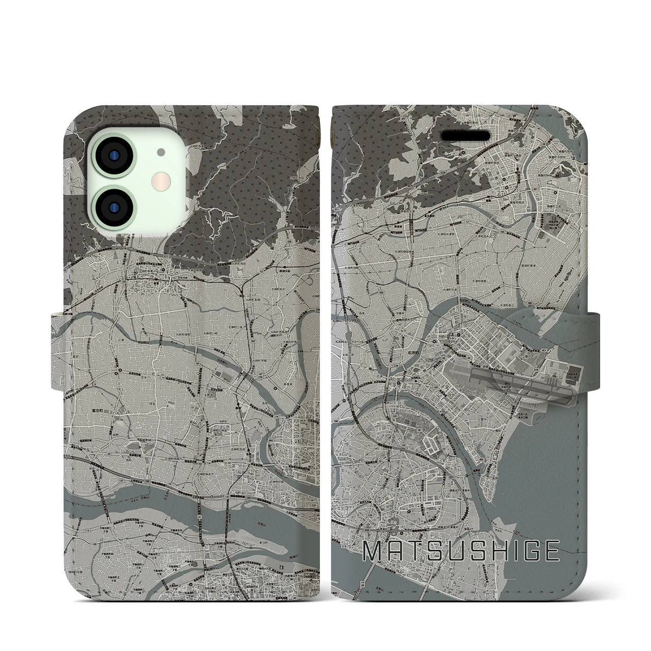 【松茂(徳島県)】地図柄iPhoneケース(手帳タイプ)モノトーン・iPhone 12 mini 用