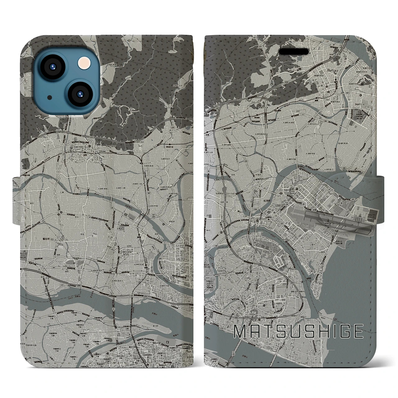 【松茂(徳島県)】地図柄iPhoneケース(手帳タイプ)モノトーン・iPhone 13 用