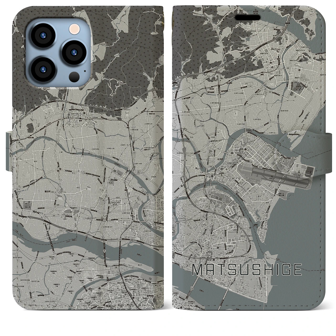【松茂(徳島県)】地図柄iPhoneケース(手帳タイプ)モノトーン・iPhone 13 Pro Max 用
