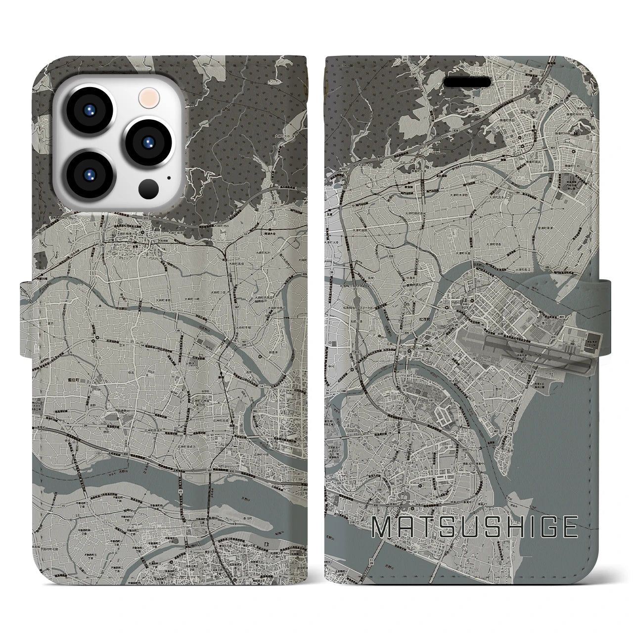 【松茂(徳島県)】地図柄iPhoneケース(手帳タイプ)モノトーン・iPhone 13 Pro 用