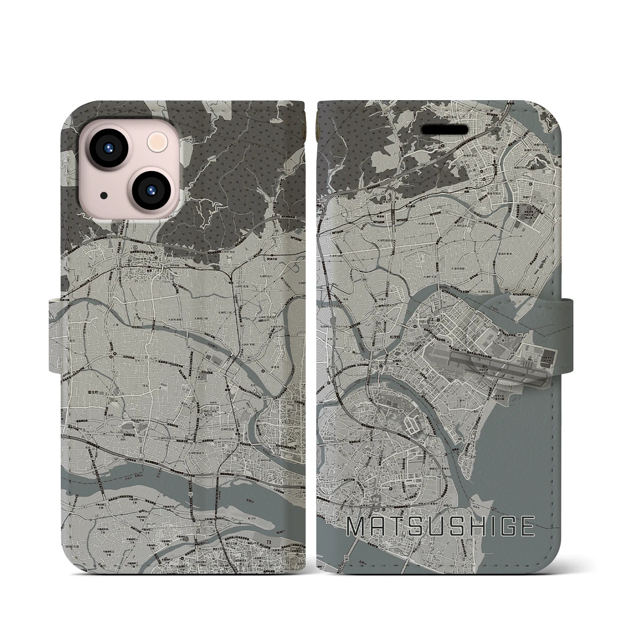 【松茂(徳島県)】地図柄iPhoneケース(手帳タイプ)モノトーン・iPhone 13 mini 用