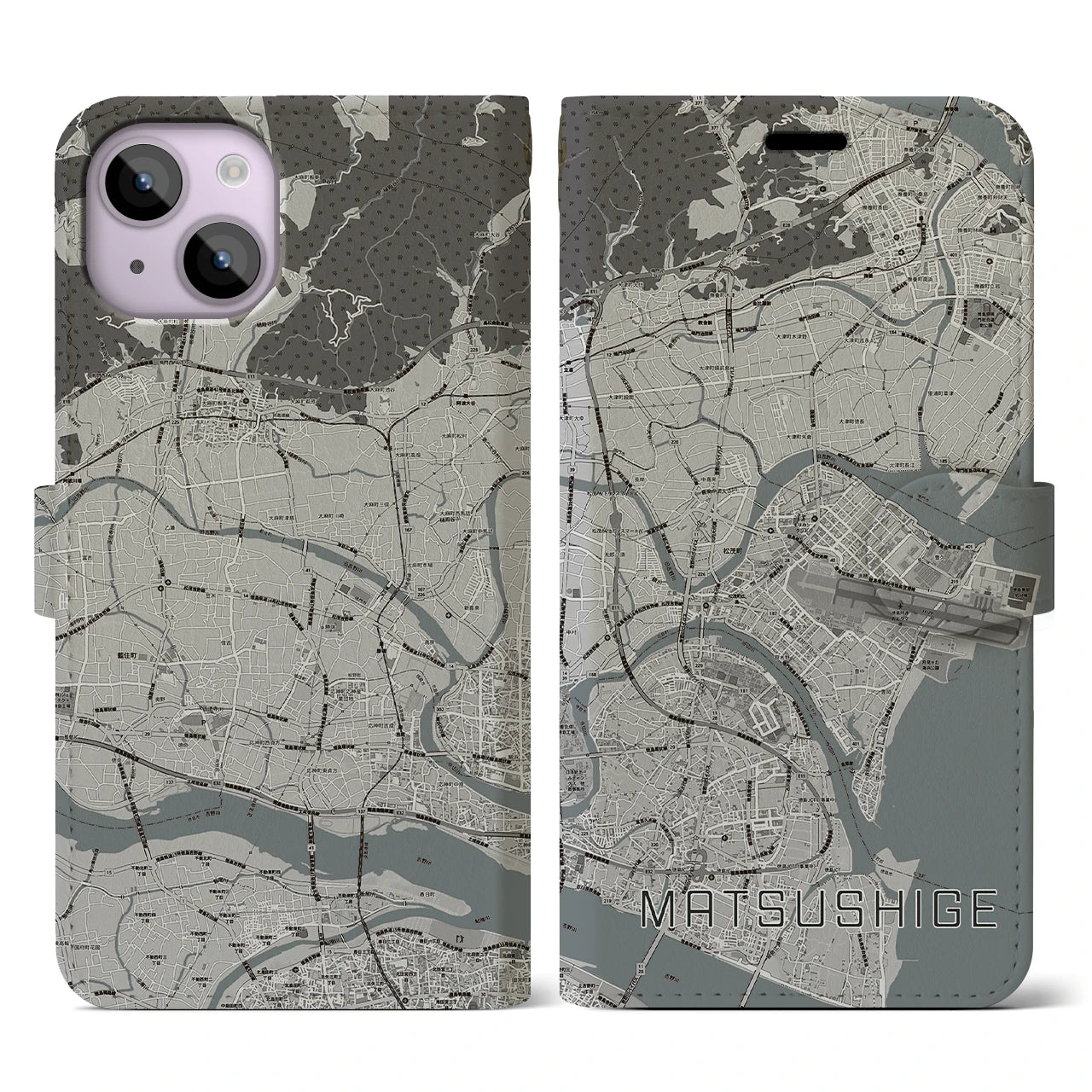 【松茂(徳島県)】地図柄iPhoneケース(手帳タイプ)モノトーン・iPhone 14 用