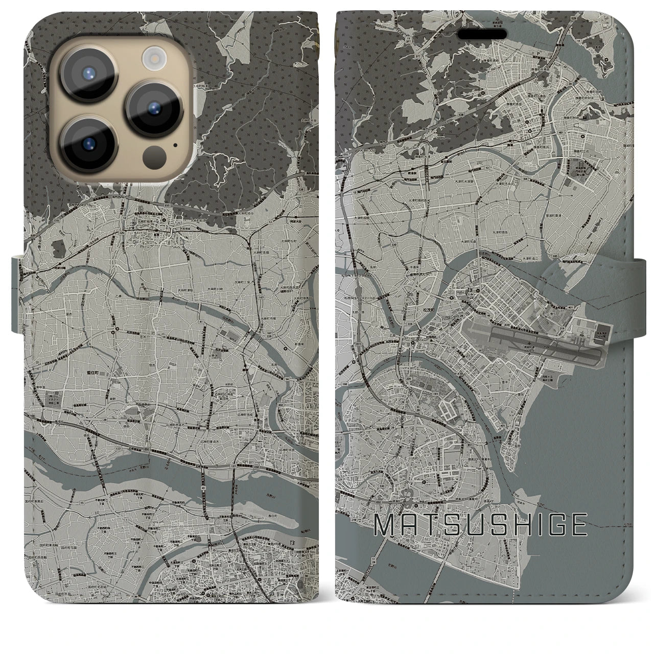 【松茂(徳島県)】地図柄iPhoneケース(手帳タイプ)モノトーン・iPhone 14 Pro Max 用