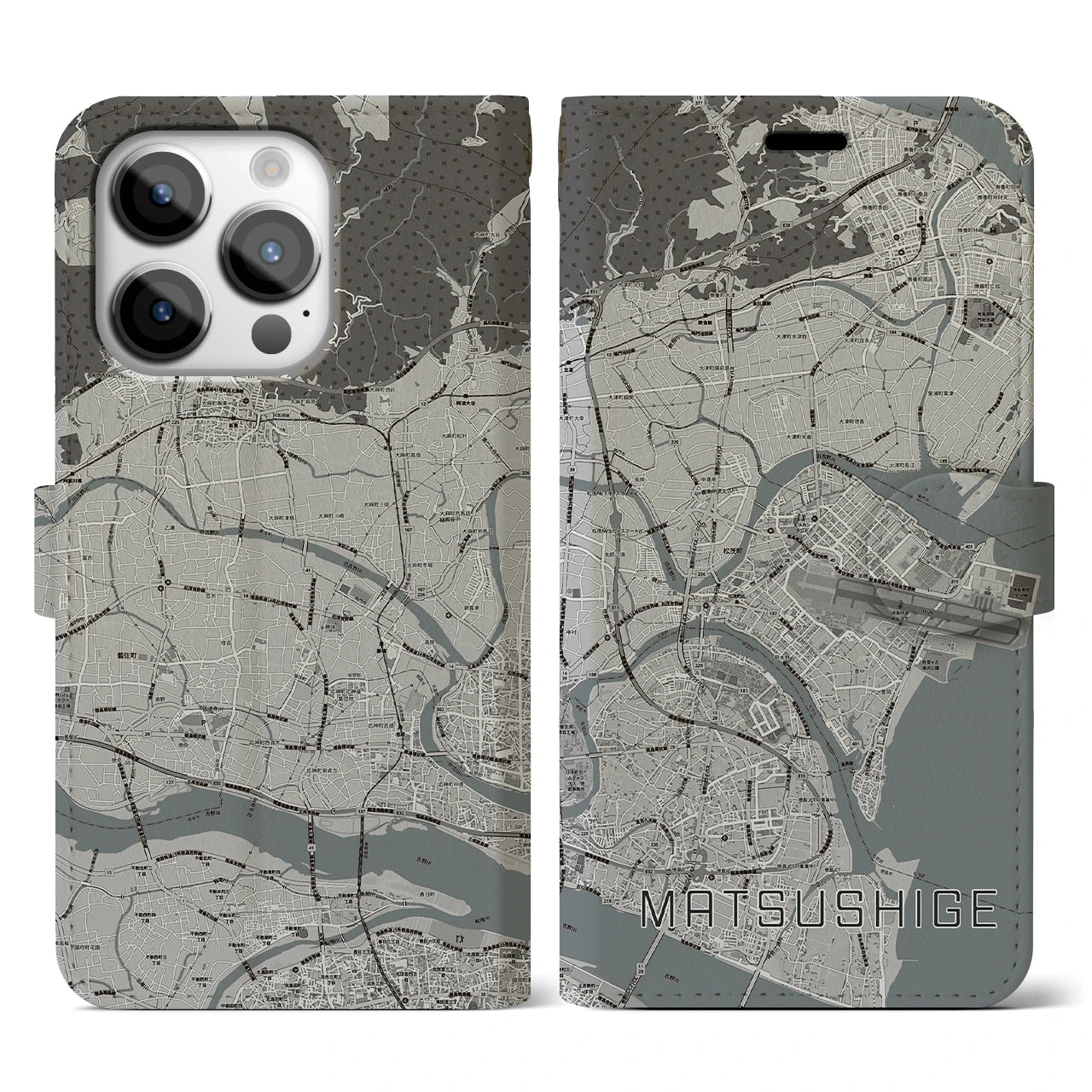 【松茂(徳島県)】地図柄iPhoneケース(手帳タイプ)モノトーン・iPhone 14 Pro 用