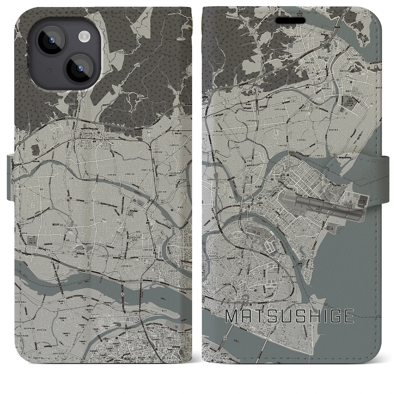【松茂(徳島県)】地図柄iPhoneケース(手帳タイプ)モノトーン・iPhone 14 Plus 用