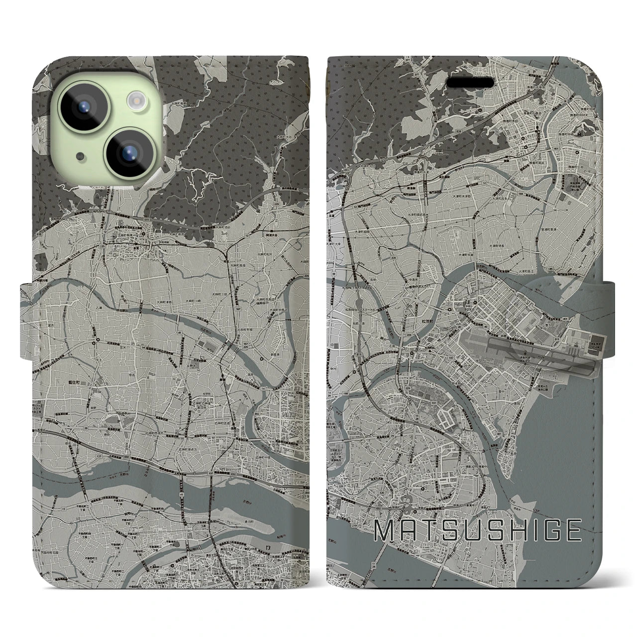 【松茂(徳島県)】地図柄iPhoneケース(手帳タイプ)モノトーン・iPhone 15 用