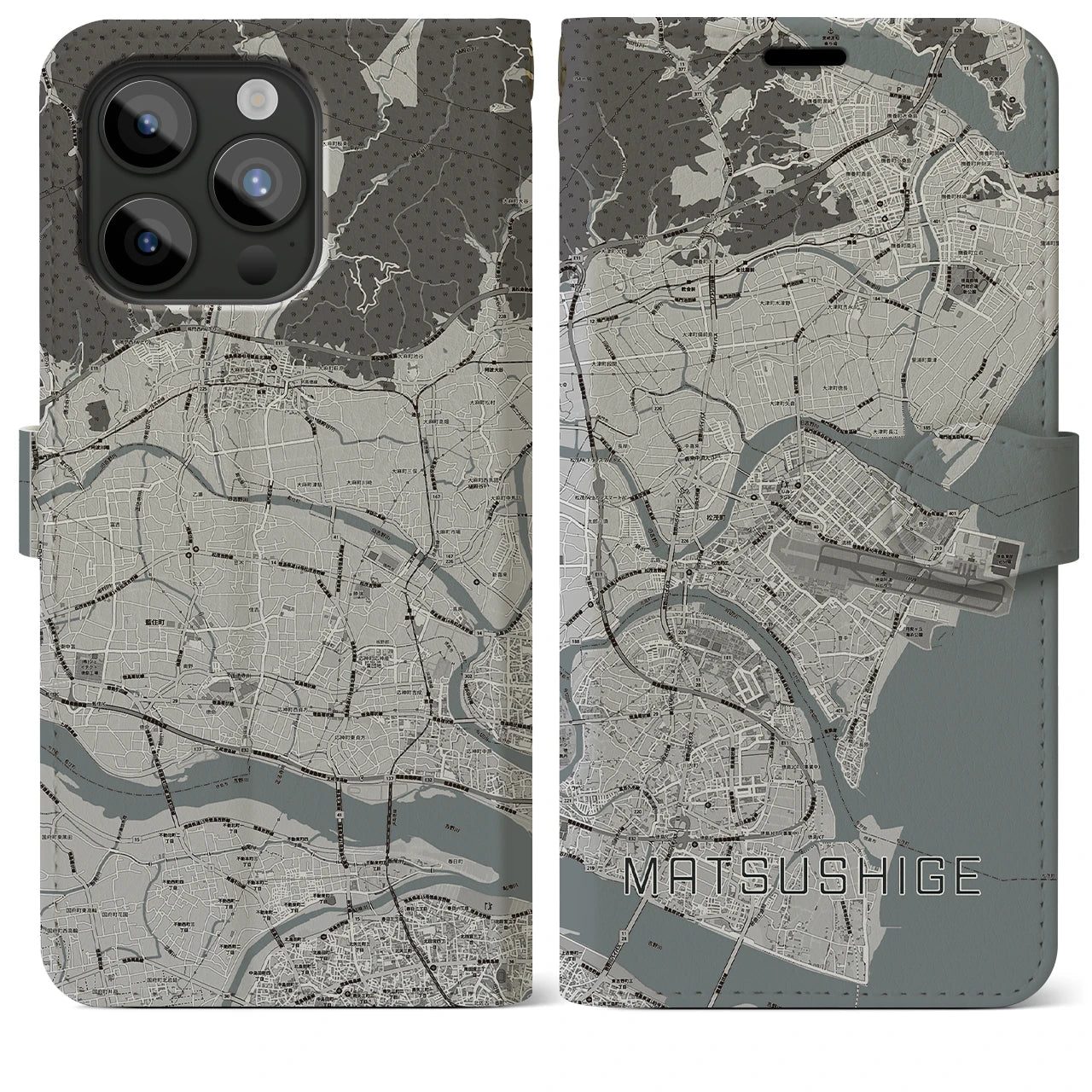 【松茂(徳島県)】地図柄iPhoneケース(手帳タイプ)モノトーン・iPhone 15 Pro Max 用