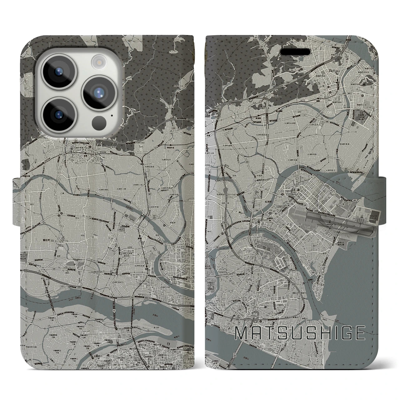 【松茂(徳島県)】地図柄iPhoneケース(手帳タイプ)モノトーン・iPhone 15 Pro 用