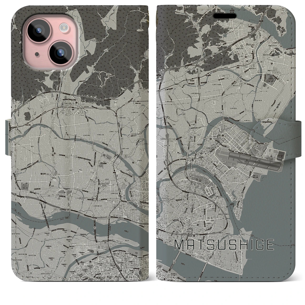 【松茂(徳島県)】地図柄iPhoneケース(手帳タイプ)モノトーン・iPhone 15 Plus 用