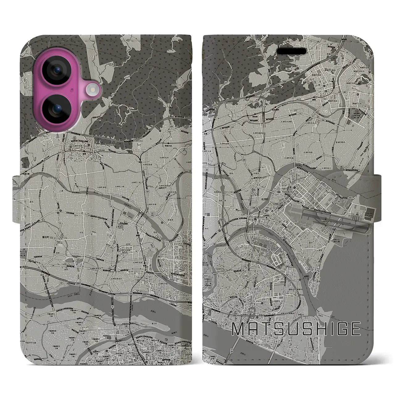 【松茂(徳島県)】地図柄iPhoneケース(手帳タイプ)モノトーン・iPhone 16 Pro 用