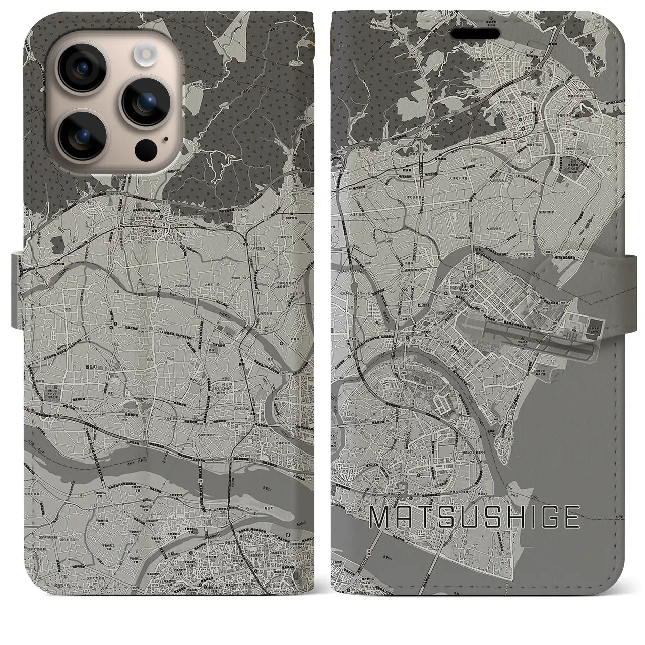 【松茂(徳島県)】地図柄iPhoneケース(手帳タイプ)モノトーン・iPhone 16 Plus 用