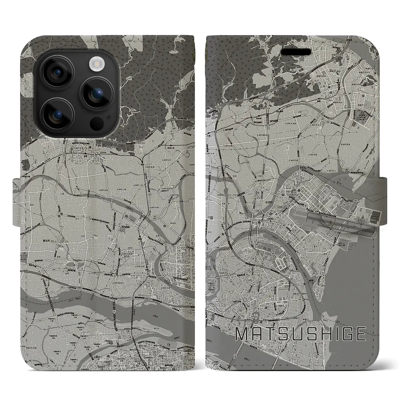 【松茂(徳島県)】地図柄iPhoneケース(手帳タイプ)モノトーン・iPhone 16 用