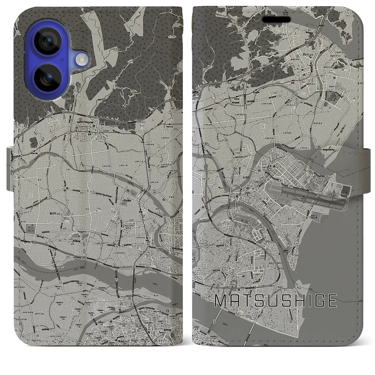 【松茂(徳島県)】地図柄iPhoneケース(手帳タイプ)モノトーン・iPhone 16 Pro Max 用