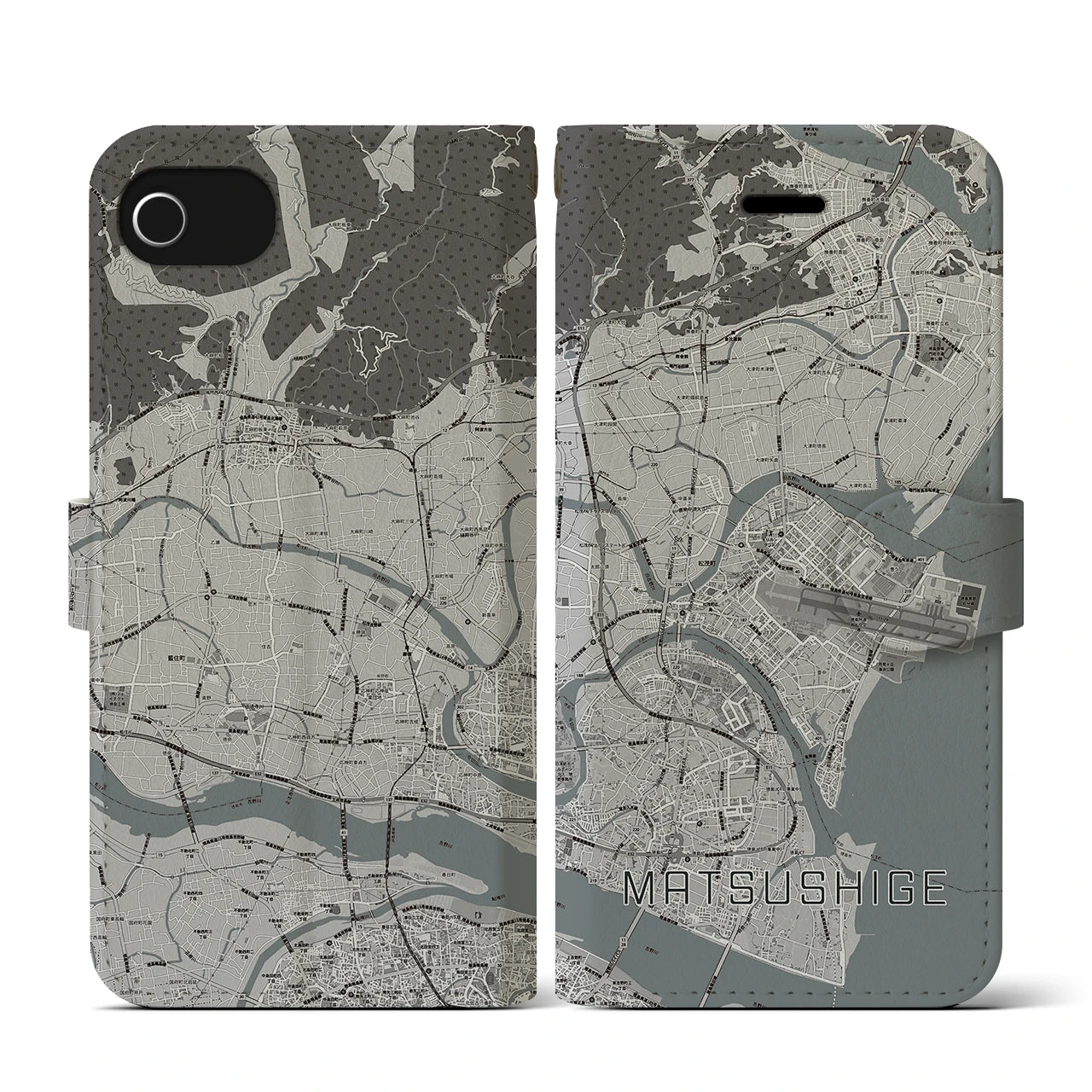 【松茂(徳島県)】地図柄iPhoneケース(手帳タイプ)モノトーン・iPhone SE(第3 / 第2世代) / 8 / 7 / 6s / 6 用