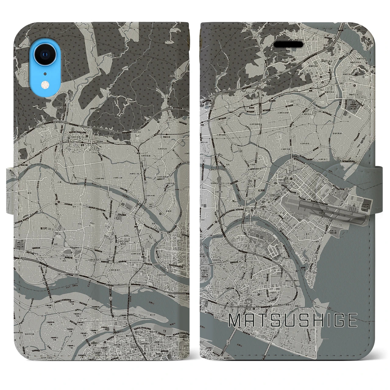 【松茂(徳島県)】地図柄iPhoneケース(手帳タイプ)モノトーン・iPhone XR 用