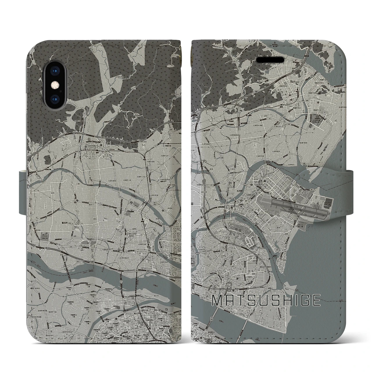 【松茂(徳島県)】地図柄iPhoneケース(手帳タイプ)モノトーン・iPhone XS / X 用
