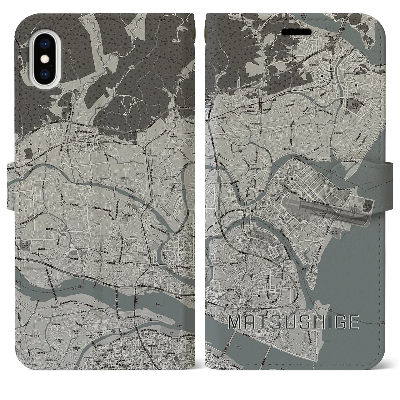 【松茂(徳島県)】地図柄iPhoneケース(手帳タイプ)モノトーン・iPhone XS Max 用