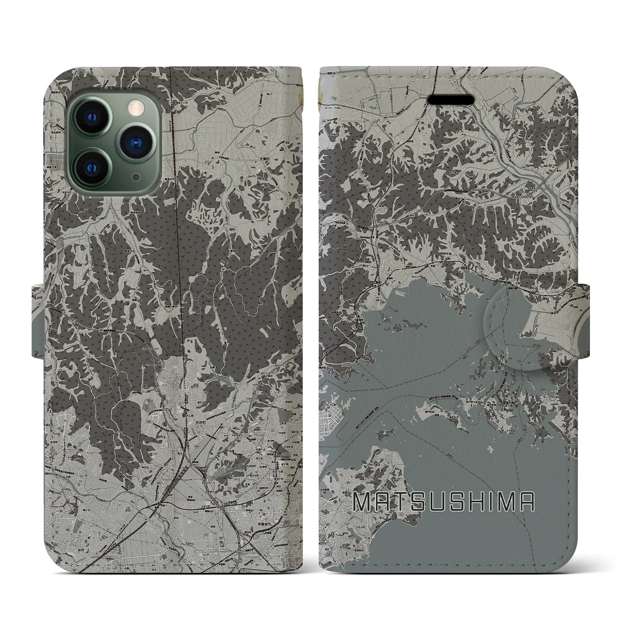 【松島(宮城県)】地図柄iPhoneケース(手帳タイプ)モノトーン・iPhone 11 Pro 用