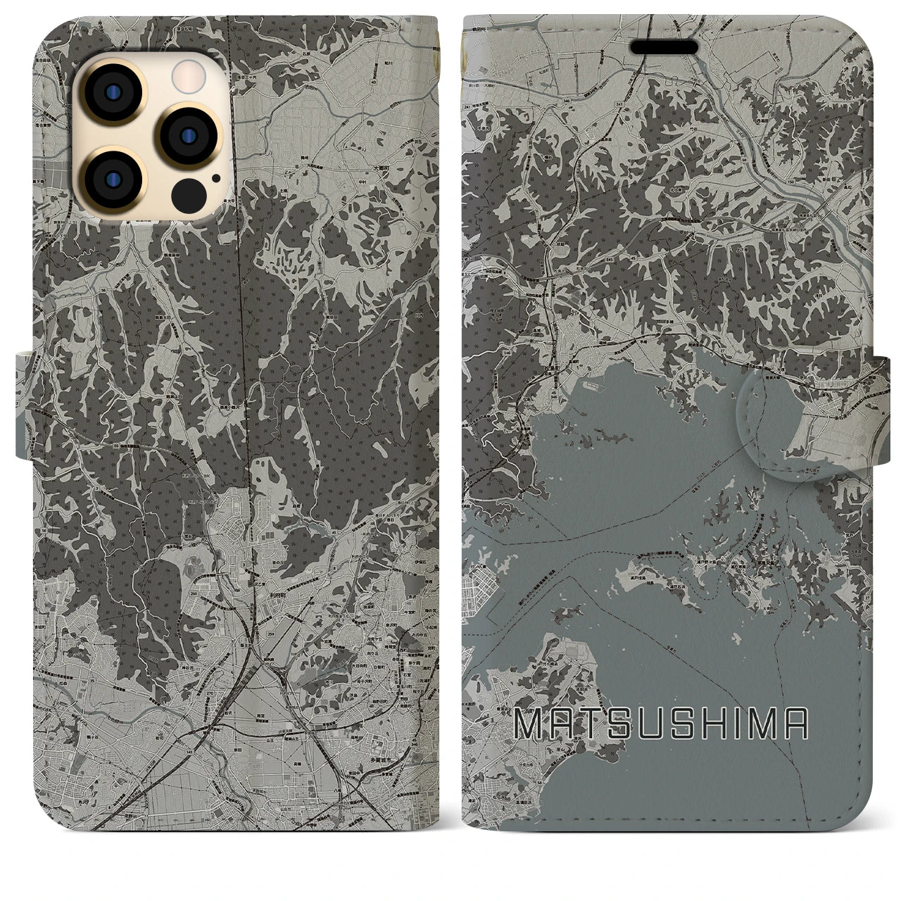 【松島(宮城県)】地図柄iPhoneケース(手帳タイプ)モノトーン・iPhone 12 Pro Max 用