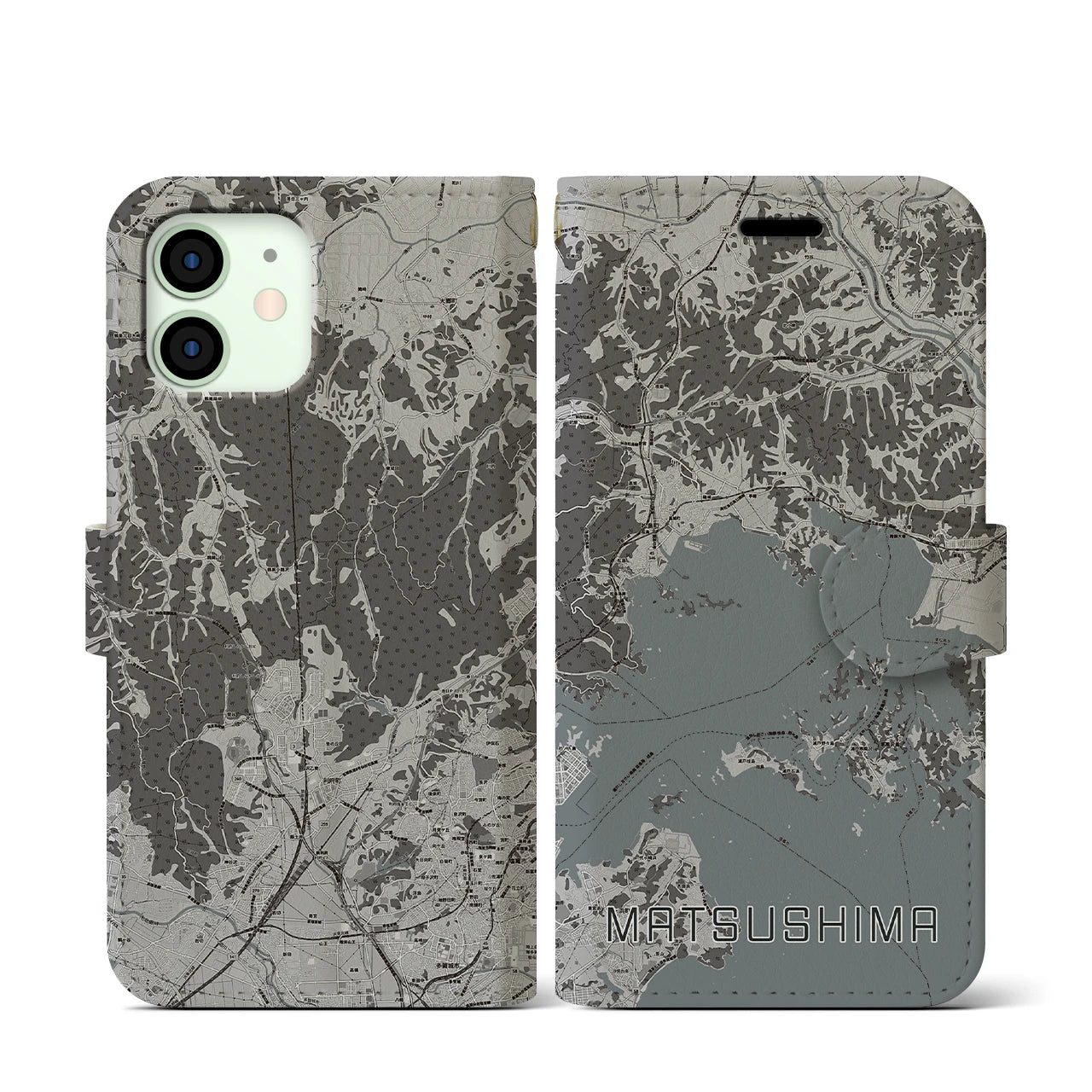 【松島(宮城県)】地図柄iPhoneケース(手帳タイプ)モノトーン・iPhone 12 mini 用