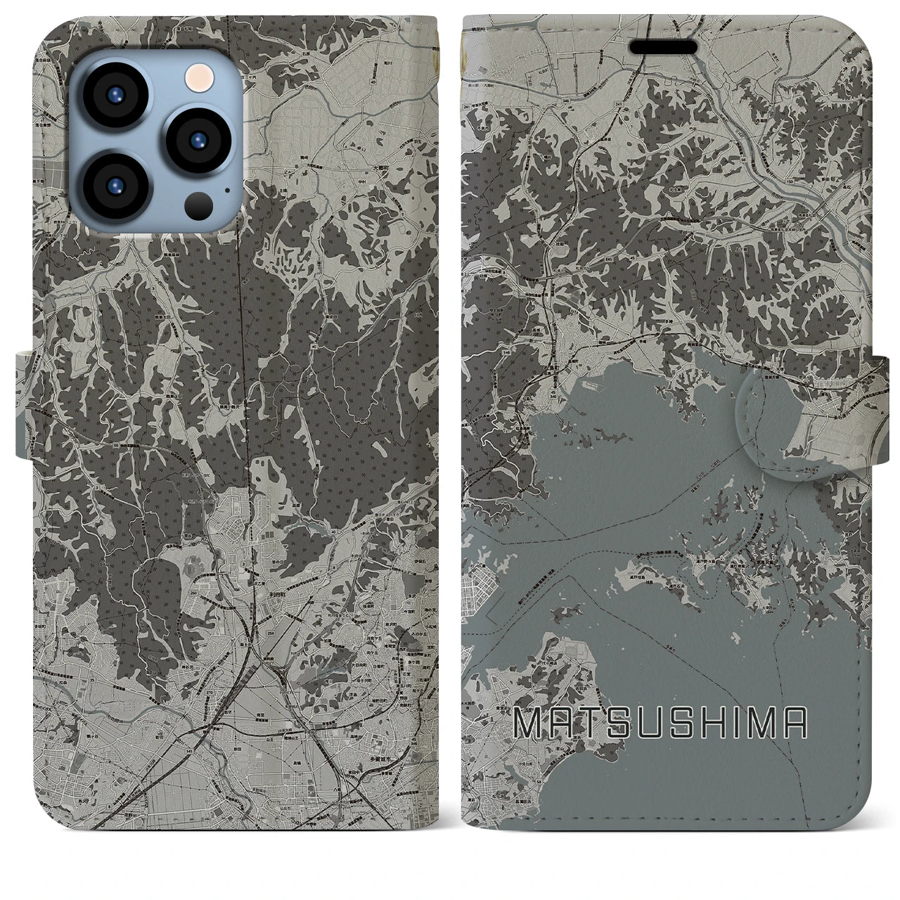 【松島(宮城県)】地図柄iPhoneケース(手帳タイプ)モノトーン・iPhone 13 Pro Max 用