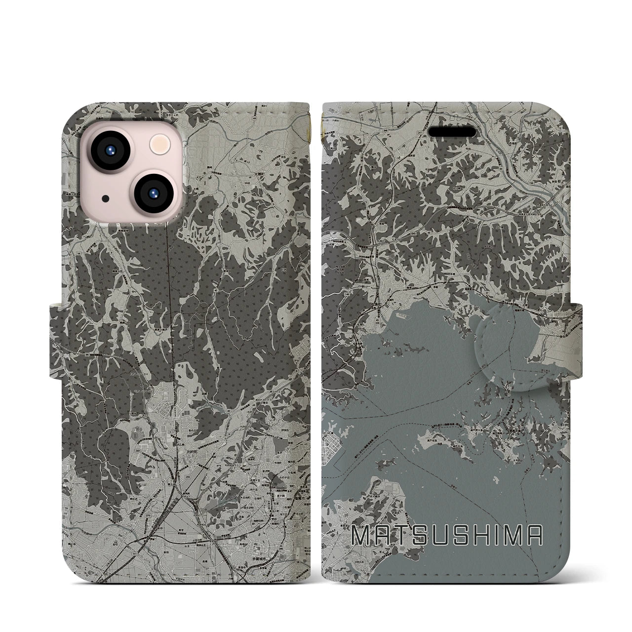 【松島(宮城県)】地図柄iPhoneケース(手帳タイプ)モノトーン・iPhone 13 mini 用