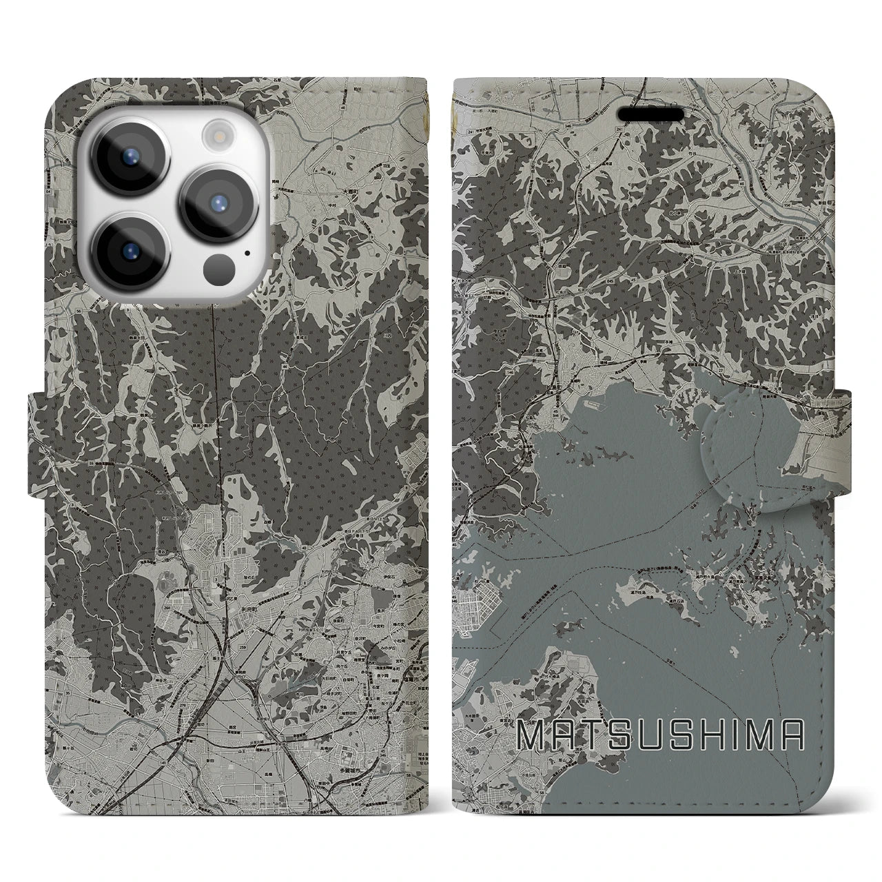 【松島(宮城県)】地図柄iPhoneケース(手帳タイプ)モノトーン・iPhone 14 Pro 用