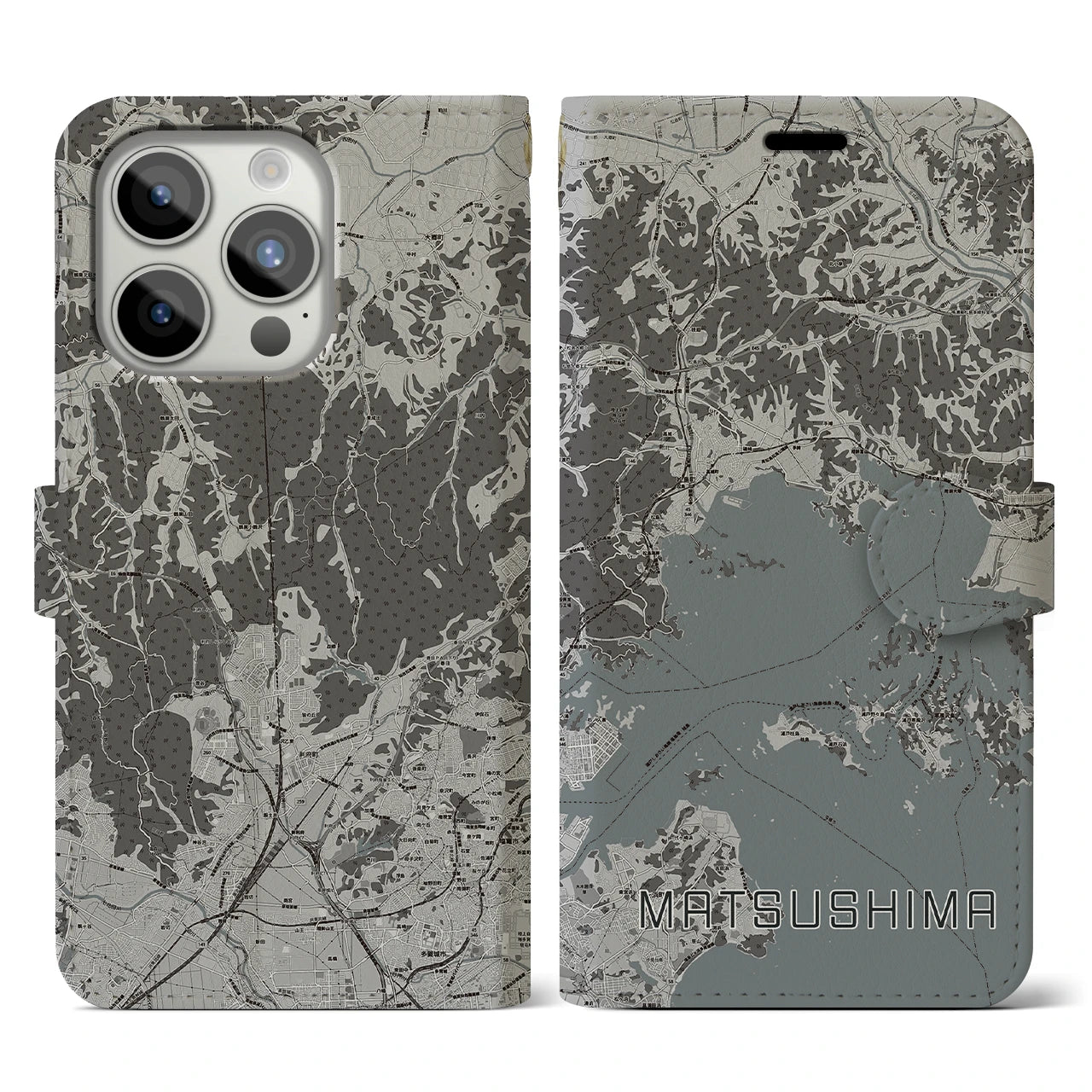 【松島(宮城県)】地図柄iPhoneケース(手帳タイプ)モノトーン・iPhone 15 Pro 用