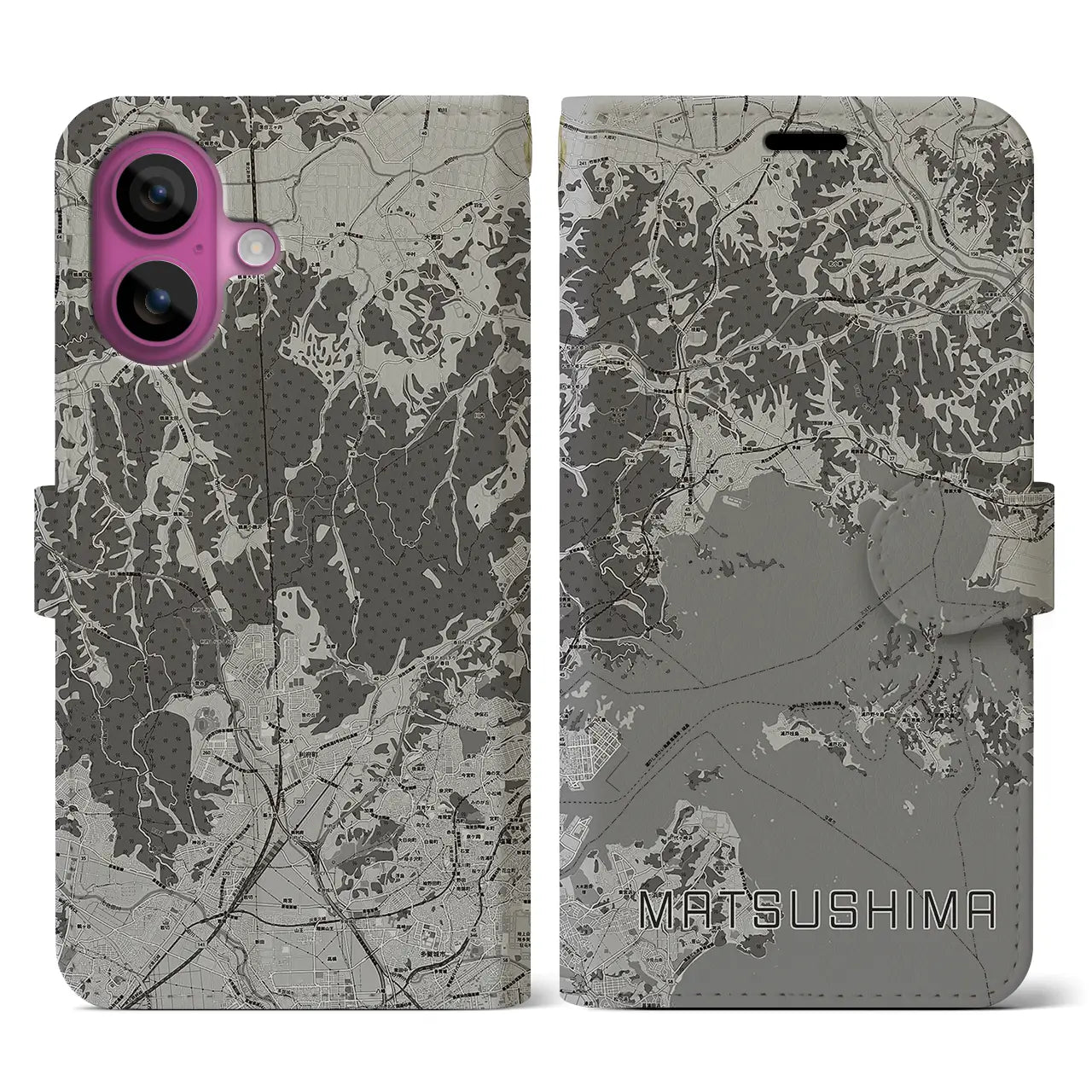 【松島(宮城県)】地図柄iPhoneケース(手帳タイプ)モノトーン・iPhone 16 Pro 用