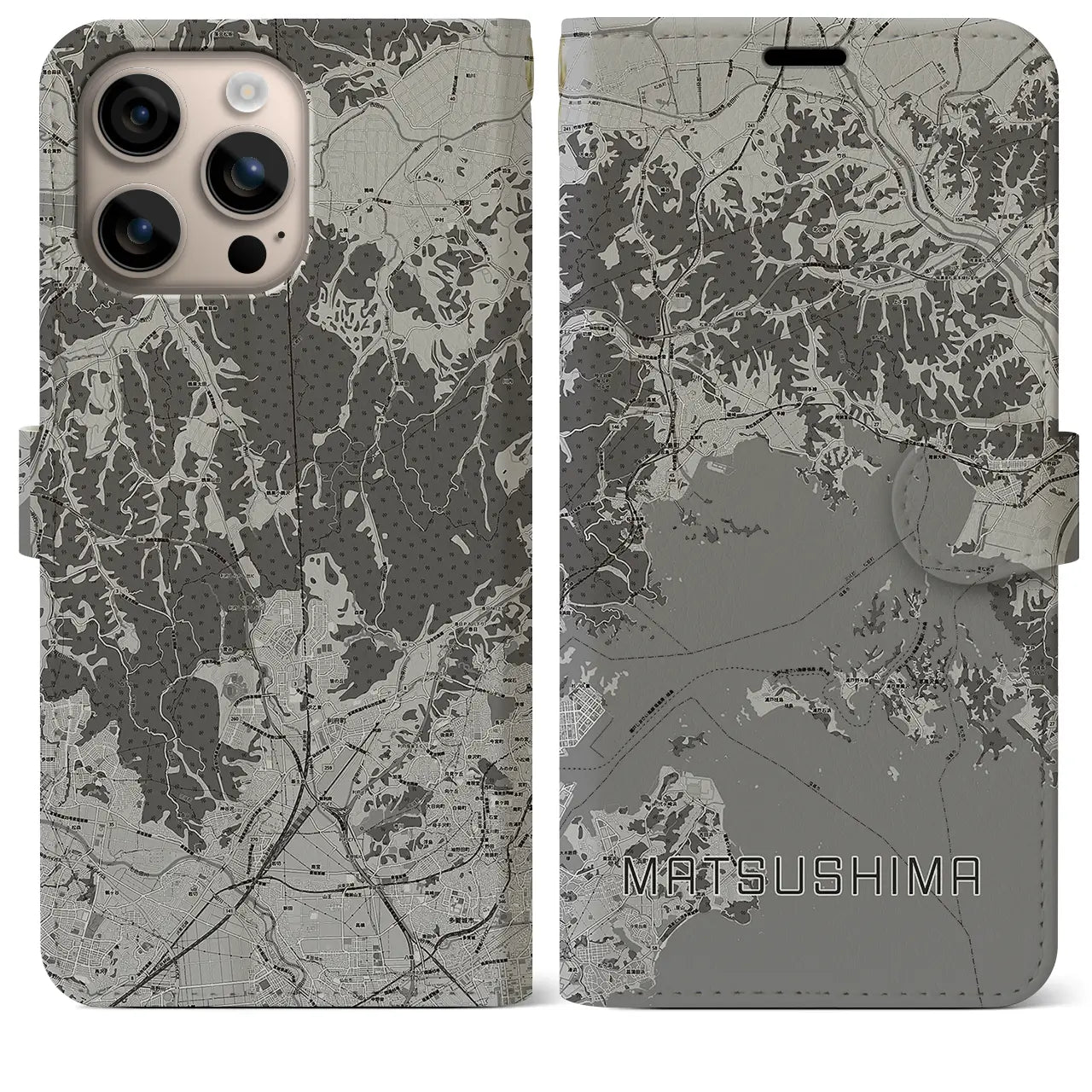 【松島(宮城県)】地図柄iPhoneケース(手帳タイプ)モノトーン・iPhone 16 Plus 用