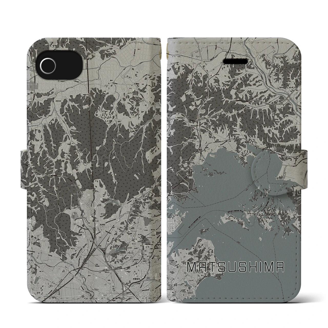 【松島(宮城県)】地図柄iPhoneケース(手帳タイプ)モノトーン・iPhone SE(第3 / 第2世代) / 8 / 7 / 6s / 6 用