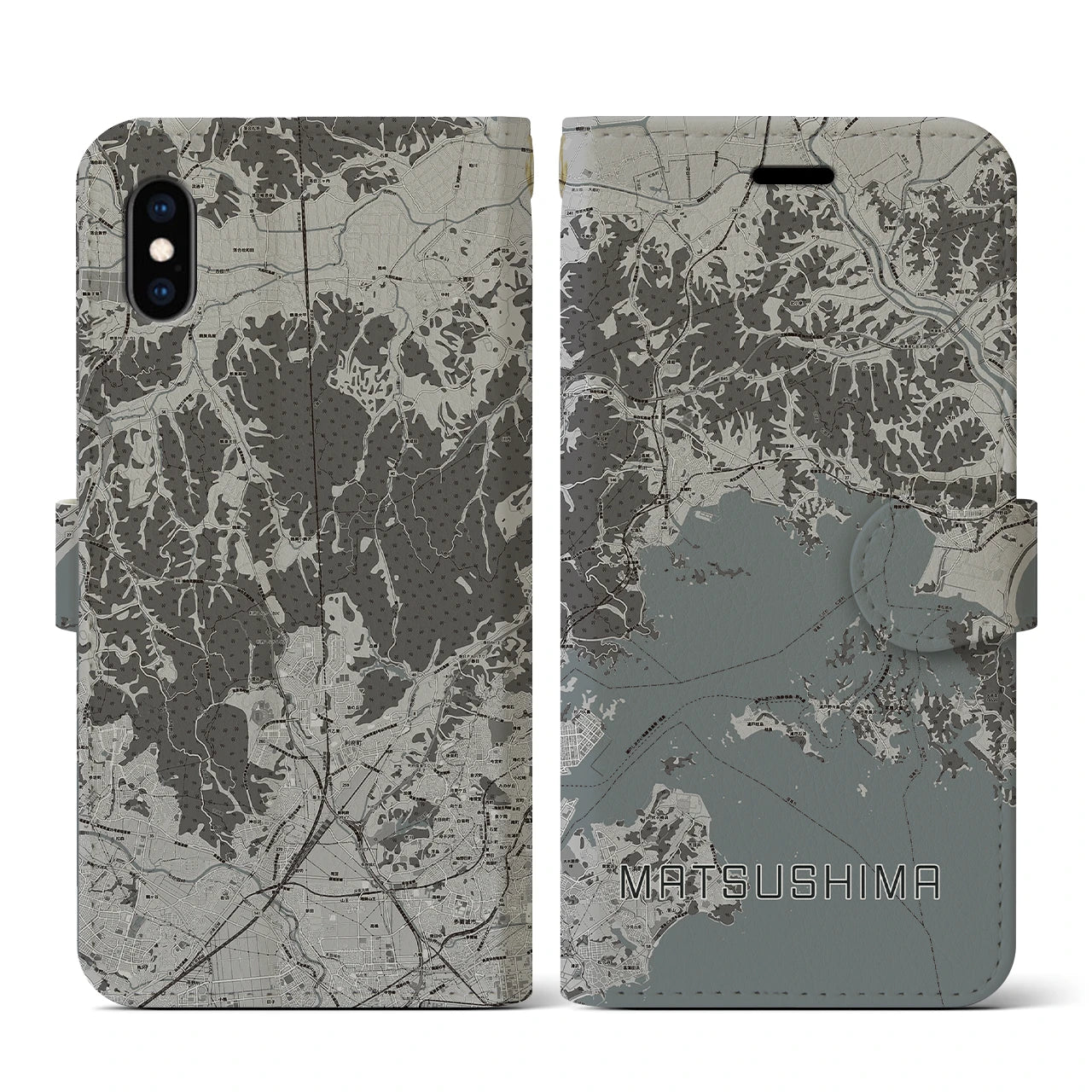 【松島(宮城県)】地図柄iPhoneケース(手帳タイプ)モノトーン・iPhone XS / X 用