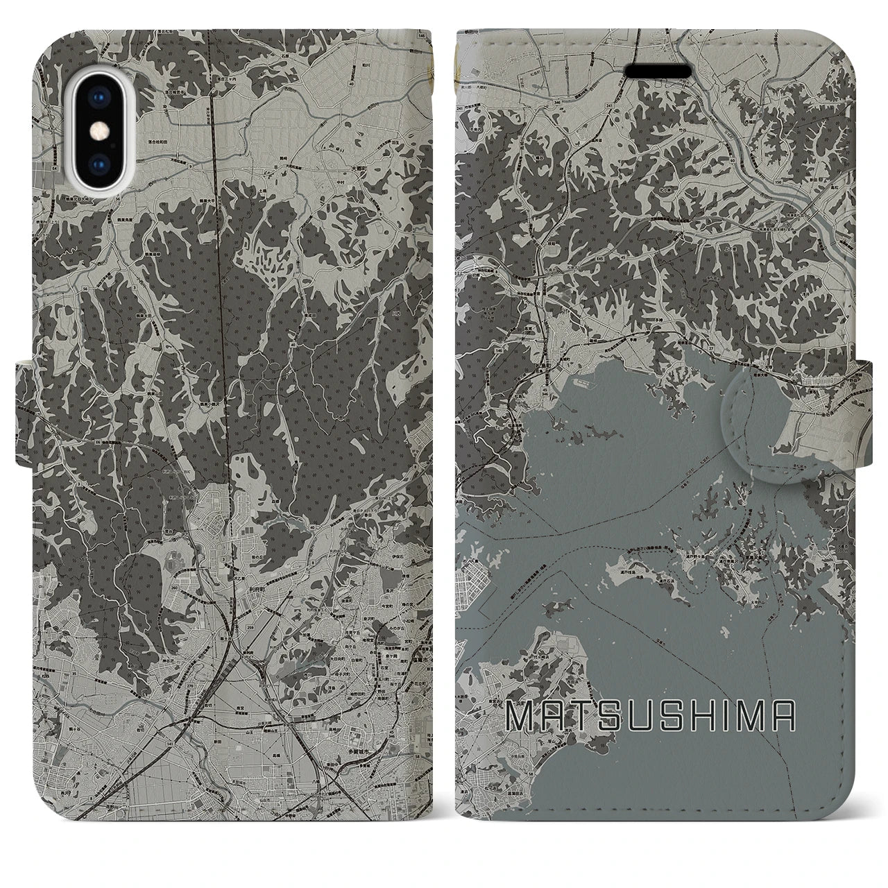 【松島(宮城県)】地図柄iPhoneケース(手帳タイプ)モノトーン・iPhone XS Max 用