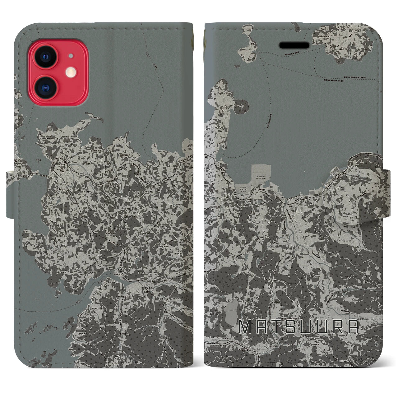 【松浦(長崎県)】地図柄iPhoneケース(手帳タイプ)モノトーン・iPhone 11 用