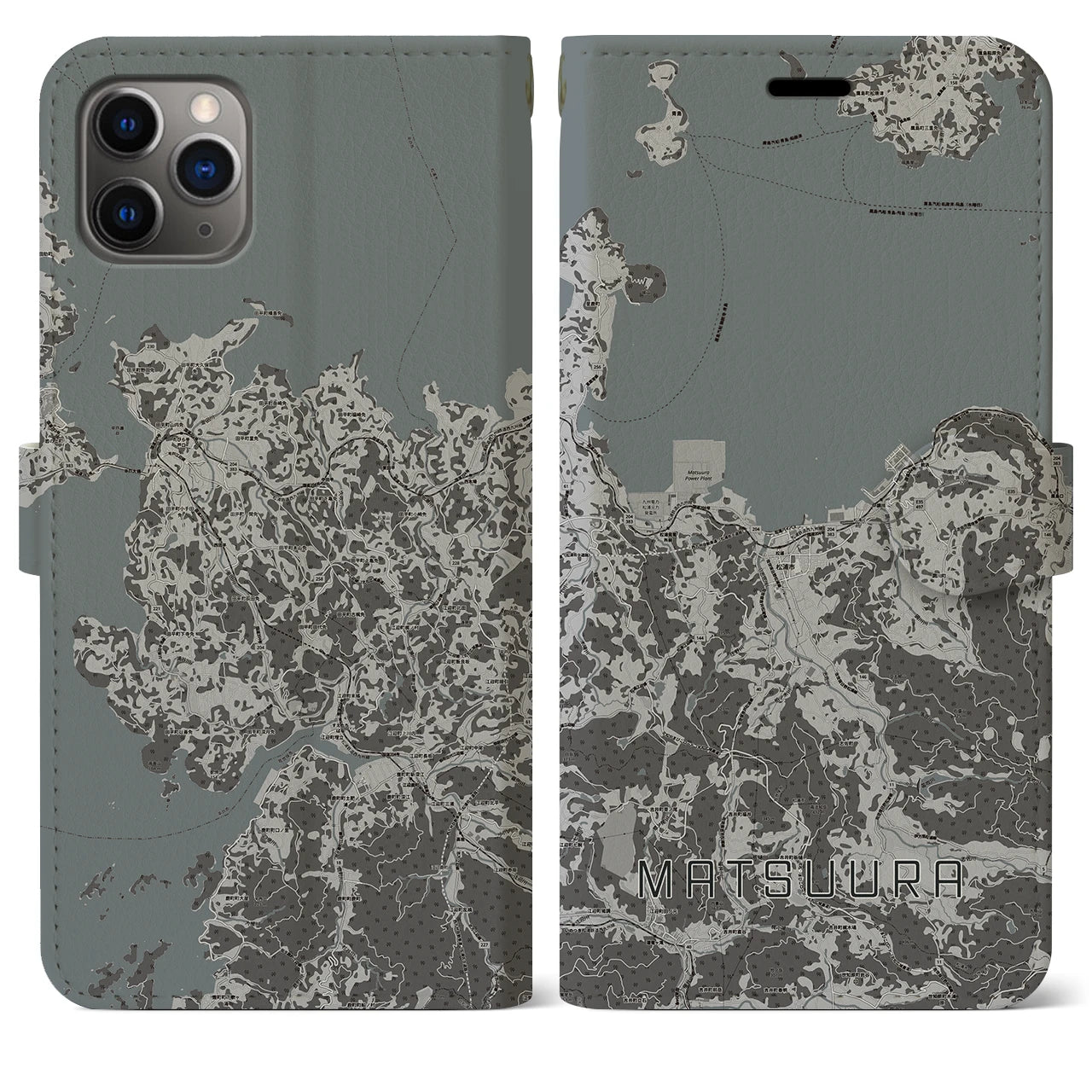 【松浦(長崎県)】地図柄iPhoneケース(手帳タイプ)モノトーン・iPhone 11 Pro Max 用