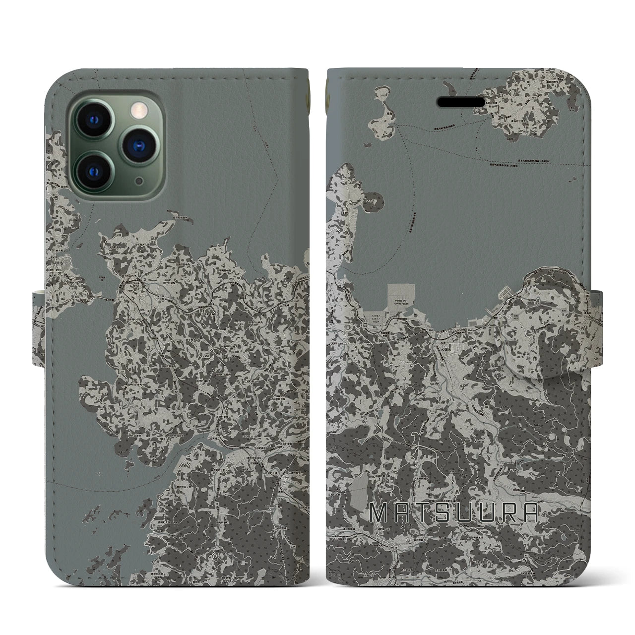 【松浦(長崎県)】地図柄iPhoneケース(手帳タイプ)モノトーン・iPhone 11 Pro 用