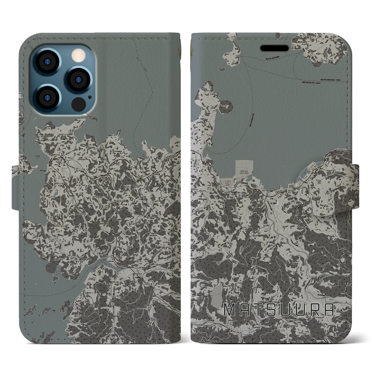 【松浦(長崎県)】地図柄iPhoneケース(手帳タイプ)モノトーン・iPhone 12 / 12 Pro 用
