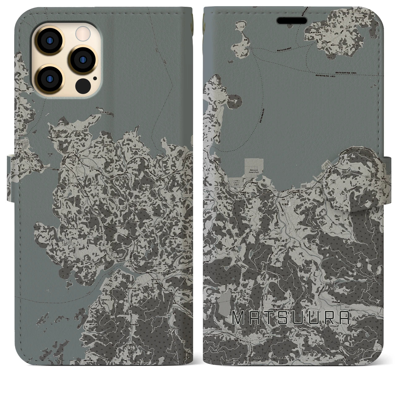 【松浦(長崎県)】地図柄iPhoneケース(手帳タイプ)モノトーン・iPhone 12 Pro Max 用
