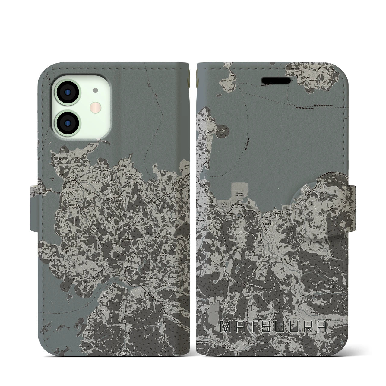 【松浦(長崎県)】地図柄iPhoneケース(手帳タイプ)モノトーン・iPhone 12 mini 用