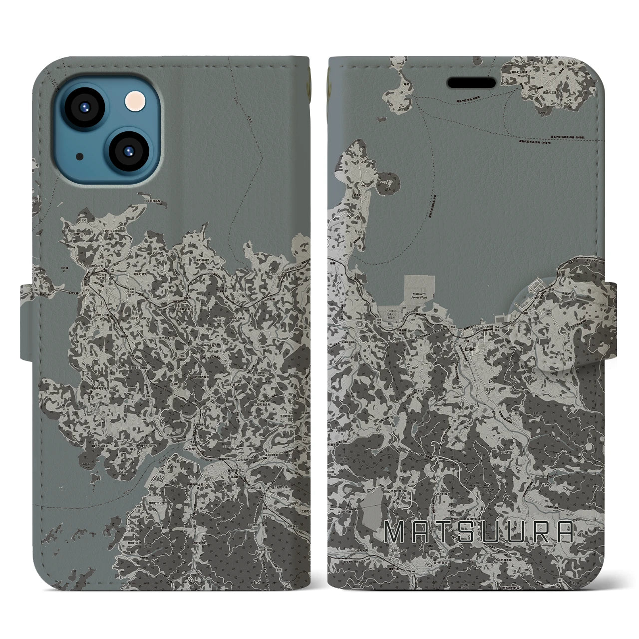 【松浦(長崎県)】地図柄iPhoneケース(手帳タイプ)モノトーン・iPhone 13 用