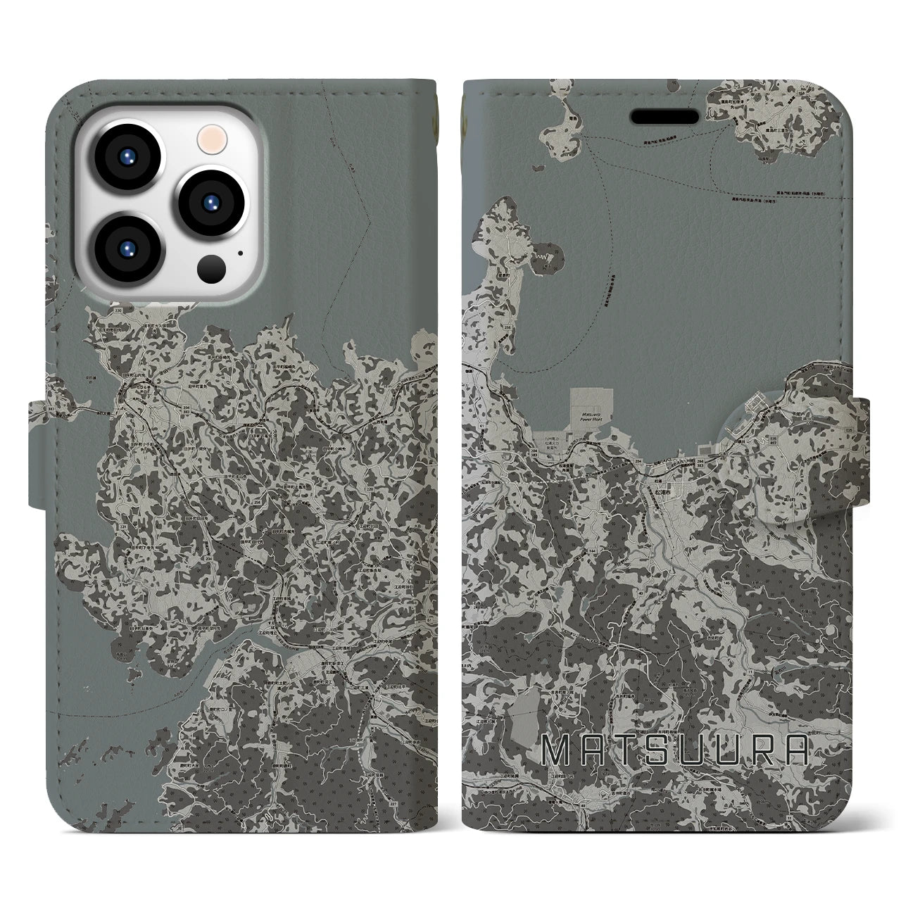 【松浦(長崎県)】地図柄iPhoneケース(手帳タイプ)モノトーン・iPhone 13 Pro 用
