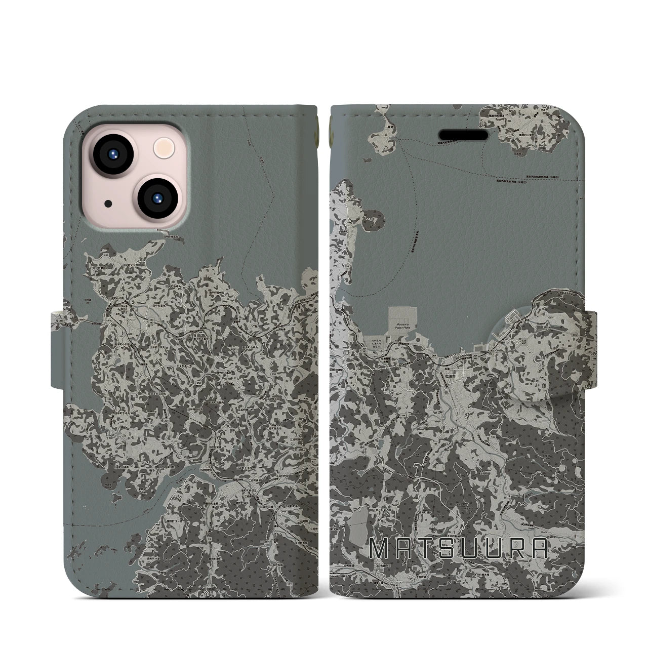 【松浦(長崎県)】地図柄iPhoneケース(手帳タイプ)モノトーン・iPhone 13 mini 用